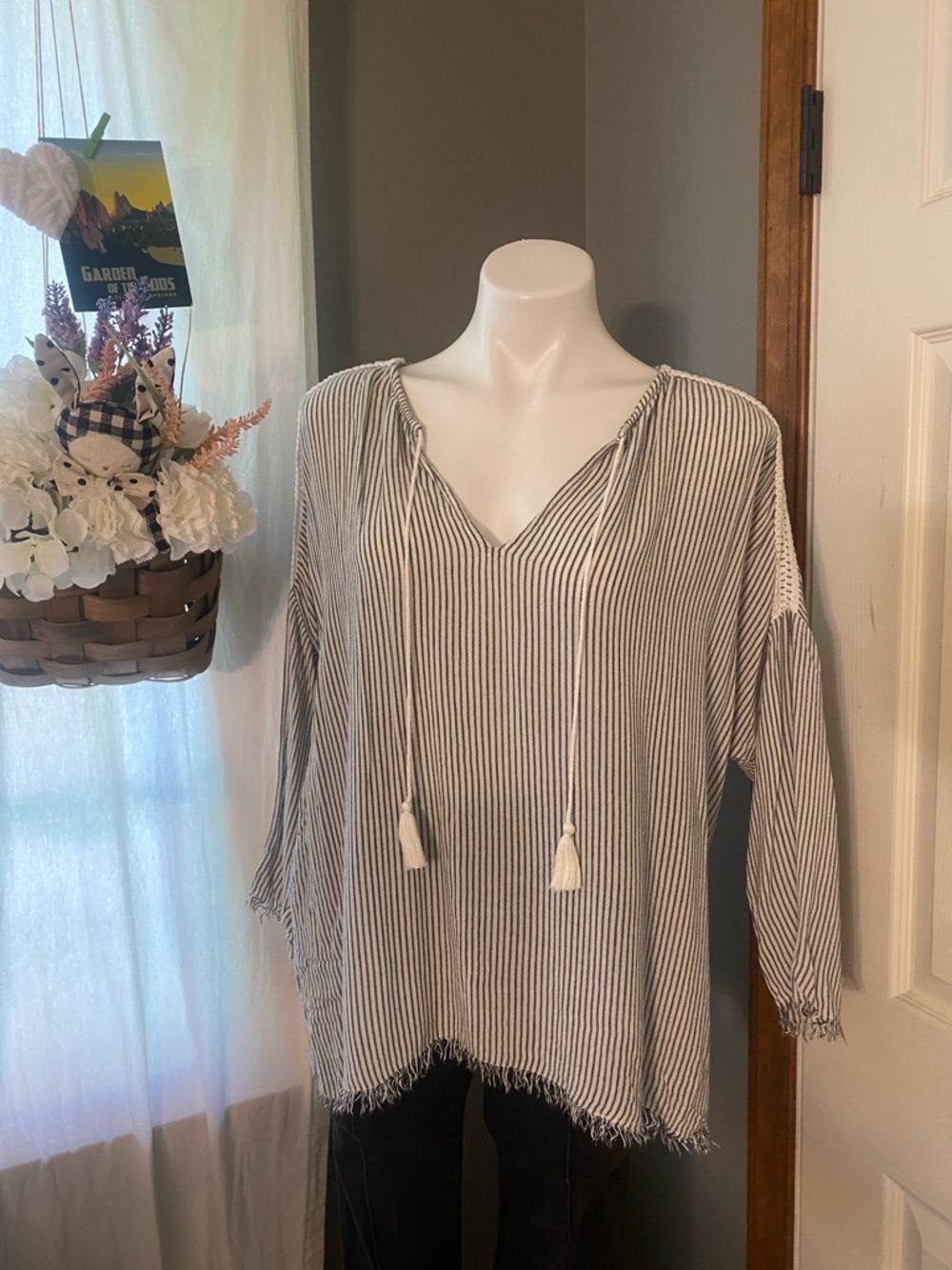 Billabong Striped Tassel V-Neck Boho Top in Cream and Black